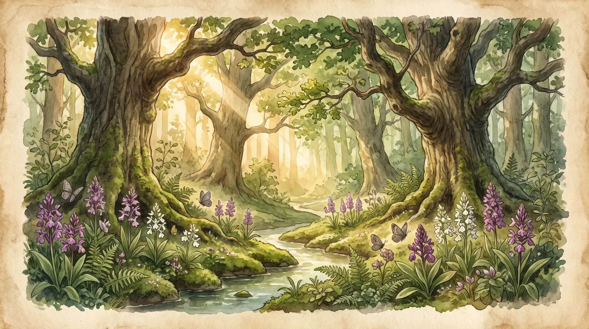 Oud bos met een beek en bloeiende planten in het ochtendlicht