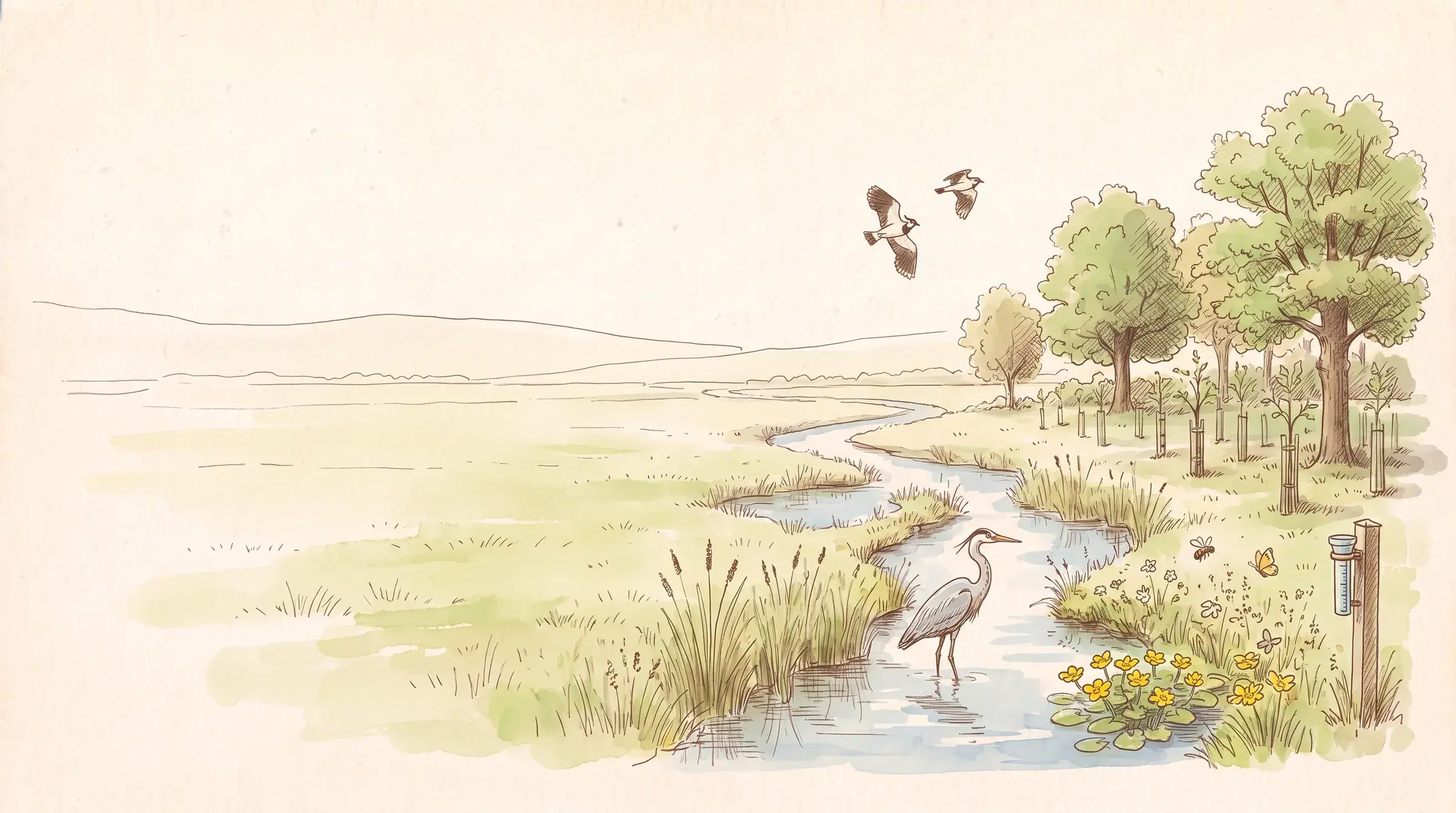 Getekend landschap met een herstelde beek, rietkragen en jonge aanplant