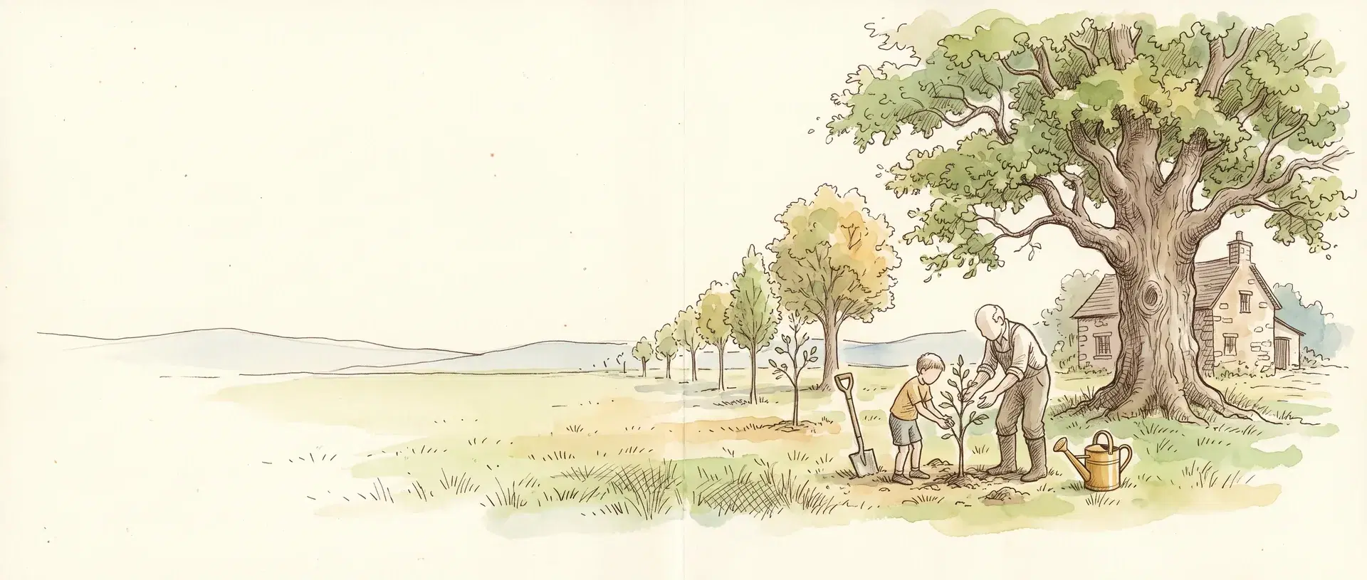 Getekende boom die een oudere en een jongere samen planten naast een oude eik