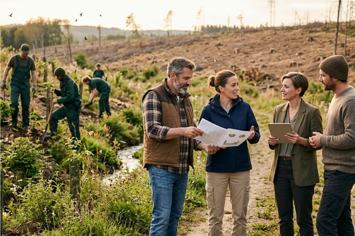 Projectontwikkelaars besprekende ontwikkeling van een grootschalig natuurproject, terwijl op de achtergrond aangetast land wordt beplant. AI-gegenereerde afbeelding